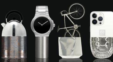 On a black background are four items of metal. The first has the bottom half of a metal tin can, while the top is a silver metal kettle. The second is half tin can, half metallic watch. The third is half a drinks can and half a bike, with the fourth being half a metal food tray, half a smart phone.