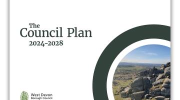 White background with thick green circle half shown on bottom right corner with Dartmoor landscape and tor shown within. The Council Plan 2024-2028 and the Council's green crest logo shown bottom left.